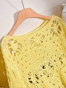 CosyJoli Plus Size Women Solid Color Crew Neck Hollow Out Long Sleeve Loose Pullover Sweater Fall - Yellow - View 4
