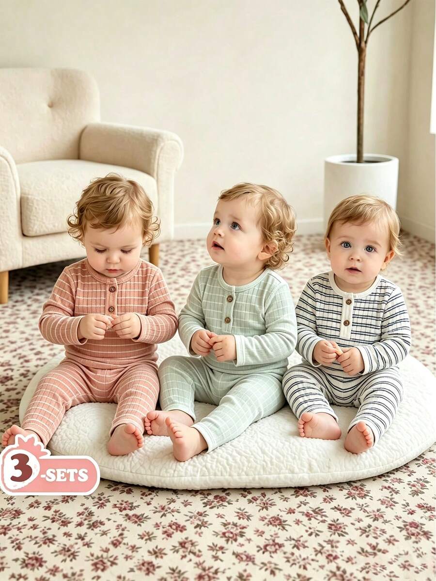 SHEIN Vintaside Kids 3 Pieces BabyGirls Brown And White Polka Dot Sage Green Autumn Ribbed Knit Leopard Print Cat Face Graphic Tops And Pants Set Casual Modest - Multicolor - View 1