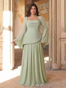 Aureia Plus Size Elegant Sage Green Chiffon Trumpet Sleeve 2 In 1 A-Line Maxi Dress Suitable For Wedding Party Ball Birthday Bridesmaid - Green - View 5