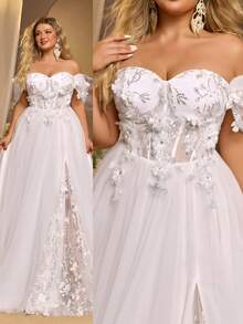 Glamrae Luxury Plus Size Elegant Gorgeous White Sequin Embroidered 3D Floral Off-Shoulder Hanging Sleeve Applique Ruched A-Line Patchwork Triangle Mesh For - White - View 4