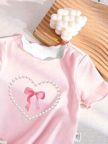 SHEIN Young Girls Pajamas, All-Season Pink Bow, Pearl Heart, Cherry Strawberry Pattern Ruffle Trim Round Neck Pullover T-Shirt With Pink Bow Striped Cherry Long Pants Loungewear Set 1Set - Pink - View 4