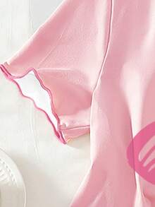 1 Set Teen Girls Pajamas, Minimalist Pink Base Bow Print Contrast Color Trim Short Sleeve & Long Pants Casual Sleepwear Set - Multicolor - View 3