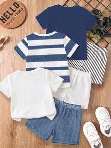 SHEIN Vintaside Kids 男嬰 3 件組隨機條紋拼色馬匹印花圓領短袖 T 恤與仿牛仔短褲套裝 夏季穿搭 - 彩色 - 查看 2