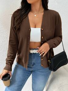 CosyJoli Women's Plus Size Casual Versatile All-Match Solid Color Cardigan Teachers' Day Office Chocolate Brown Autumn - Coffee Brown - View 9