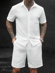 Manfinity CasualCool 男士休閒純色短袖單排扣襯衫與短褲套裝 - 白色 - 查看 4