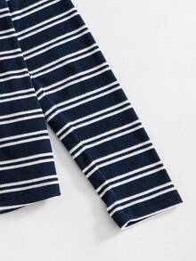 SHEIN 青少年女孩 V 領條紋拼色休閒校園風百搭日常穿著 T-shirt 海軍藍 秋季 - 藏蓝色 - 查看 4