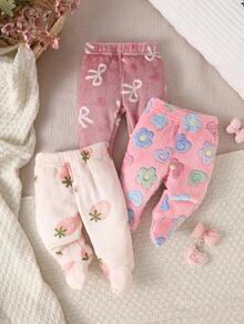 SHEIN 3件組女嬰冬季奶油色、淺粉色、粉色軟甜風草莓花蝴蝶結滿版印花鬆緊腰長褲，寬鬆直筒版型，適合日常穿著、戶外散步、拍照、家庭聚會、短途旅行 - 彩色 - 查看 7