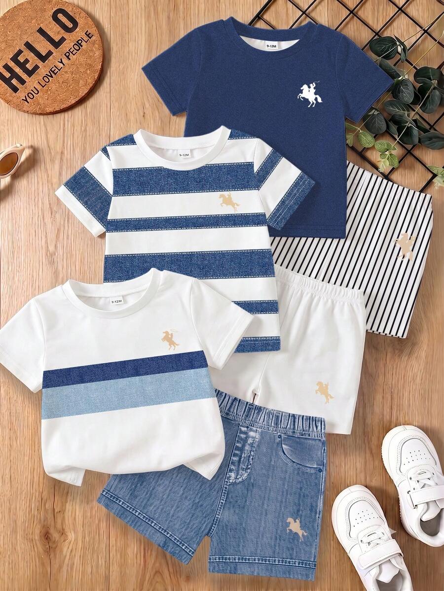 SHEIN Vintaside Kids 男嬰 3 件組隨機條紋拼色馬匹印花圓領短袖 T 恤與仿牛仔短褲套裝 夏季穿搭 - 彩色 - 查看 1