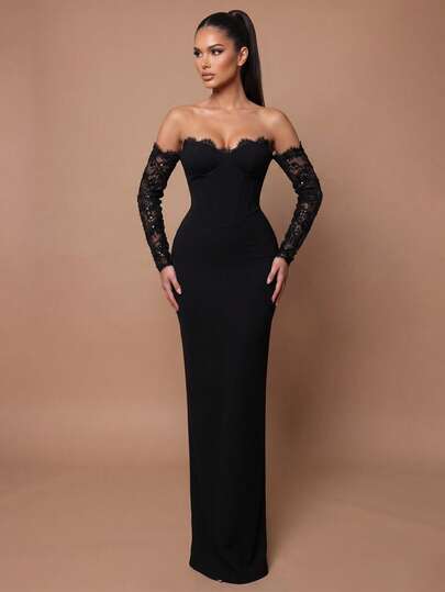 Glamrae Elegante vestido de noche minimalista negro de alta elasticidad de punto con escote sin tirantes, adornado con encaje y cuentas de lujo, manga larga, cintura alta, falda recta con abertura central trasera, adecuado para citas, vacaciones, despedida de soltero, boda, evento, cena de negocios, graduación, regreso a casa y todas las ocasiones formales para mujeres