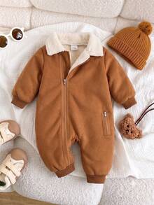 SHEIN Playful Pals 嬰兒幼兒中性仿麂皮羊羔絨內裡秋冬連身衣，全開襟翻領保暖嬰兒連身衣，幼兒外出保暖時尚服飾 - 棕色 - 查看 8
