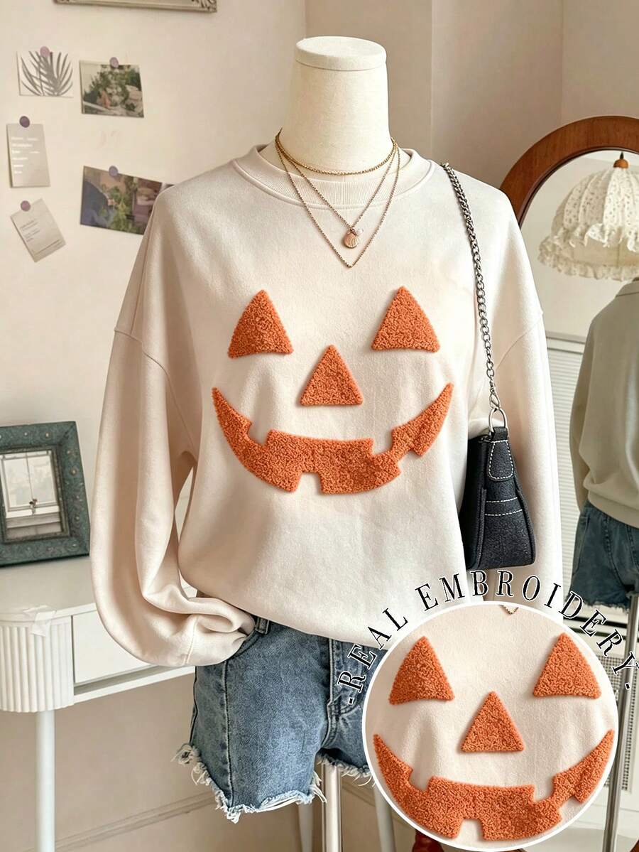 Lalippa 秋季氛圍萬聖節刺繡落肩休閒衛衣,萬聖節刺繡運動服,萬聖節雪尼爾紗線衛衣,個性化秋季衛衣,秋季衛衣時尚禮物 - 杏色 - 查看 1