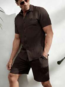 VENTUSAIL Men's Coffee Brown 2 Piece Outfits,Summer Casual Vacation Holiday Linen Fabric Short Sleeve Shirt & Shorts Set,Double Pocket Old Money Style - Brown - View 7