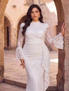 Aureia Plus Size Elegant Glamorous Romantic White Stand Collar Pearl Embellished Flared Sleeve Ruched Fitted Mermaid Hem Patchwork With Train Suitable For Evening Party Single Party Date Ball Vacation Wedding Event Bridal Gown - White - View 2