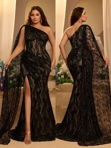 Glamrae Plus Size Elegant Black Sequin Lace Ruched One Shoulder Patchwork Flounce Trim Fitted Mermaid Hem Evening Gown For Party Date Ball Vacation Wedding - Black - View 3