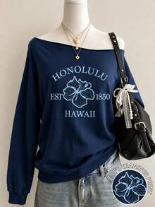 Lalippa American Retro Off Shoulder Long Sleeve Sweatshirt For Women, Hawaiian Hibiscus Flower & Letter Print, Lazy Relaxed Open Shoulder Pullover - Multicolor - View 3