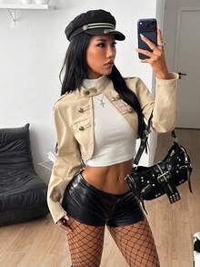 Coolane 女款秋季祭典外穿文藝復興市集街頭風 Y2K 復古拿破崙軍裝飾卡其色短版夾克外套，老錢風外套 - 卡其色 - 查看 4