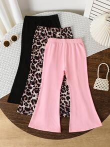 SHEIN Genkimix Kids 3件組女童幼兒喇叭褲 [黑色 + 豹紋 + 棕色] 休閒風格 & 甜酷造型，新款女童喇叭褲，彈性修身無腹部壓力，春/秋外套 / 冬季內著 - 彩色 - 查看 2