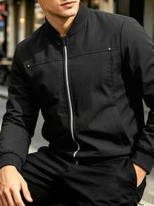 Manfinity CasualCool Men's Minimalist Black Bomber Jacket, Zip-Up Ribbed Cuffs & Hem, Casual Daily Outerwear For All Occa - Black - View 4