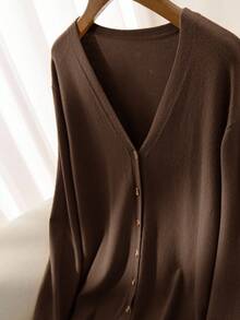 CosyJoli Women's Plus Size Casual Versatile All-Match Solid Color Cardigan Teachers' Day Office Chocolate Brown Autumn - Coffee Brown - View 4