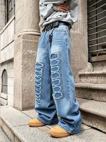 Manfinity EMRG Jeans de Mezclilla Desgastados Estilo Callejero Europeo & Americano a Juego para Parejas - Azul - Ver 7