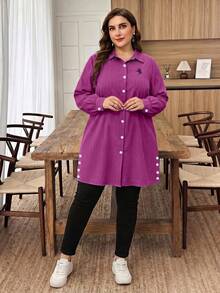 Lacomfia Plus Size Solid Color Long Sleeve Textured Fabric Casual Commute Embroidered Pony Long Shirt Fall - Red Violet - View 4