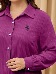 Lacomfia Plus Size Solid Color Long Sleeve Textured Fabric Casual Commute Embroidered Pony Long Shirt Fall - Red Violet - View 6