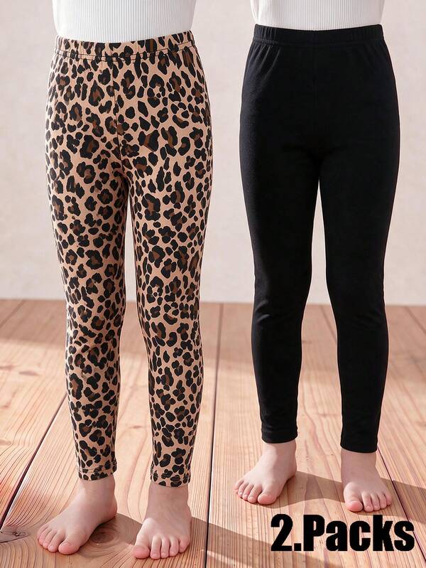 SHEIN Tween Girls [Randomly Sent 2 Pairs]Girls' All-Season New Digital Print Minimalist Fashion Comfortable Casual Knitted Leggings 2-Pack, Skin-Tight