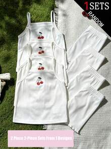 SHEIN (Random 1 Set) Young Gir Girls Toddler Underwear Camisole & Shorts Embroidered Cherry Comfortable Textured Fabric 2pcs - White - View 1