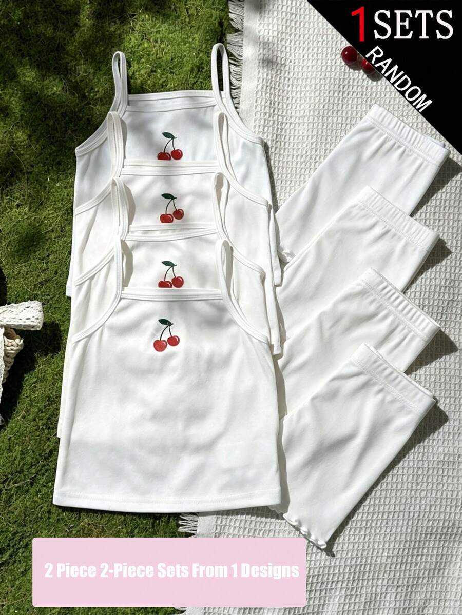 SHEIN (Random 1 Set) Young Gir Girls Toddler Underwear Camisole & Shorts Embroidered Cherry Comfortable Textured Fabric 2pcs - White - View 1