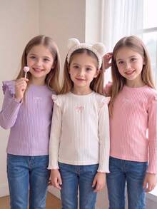 Genkimix Kids 3件組女童秋冬荷葉袖針織打底上衣，百搭圓領蝴蝶結刺繡長袖T恤 - 彩色 - 查看 4