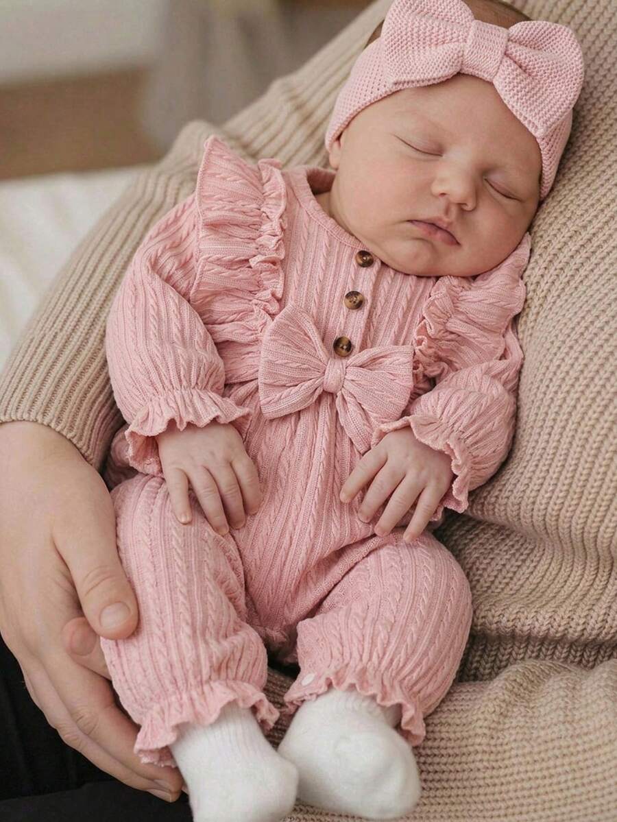 SHEIN Jumpsuit Bayi Perempuan dengan Hiasan Ruffle, Lengan Mengembang, dan Pita di Bagian Depan, Cocok untuk Musim Gugur. - Dusty Pink - View 1