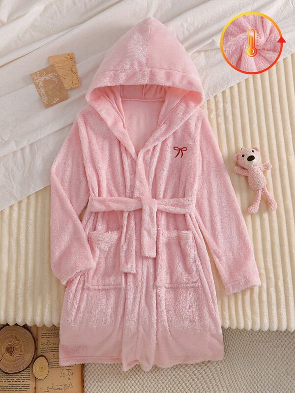Girls' Sweet Pink Plush Bathrobe With Cute Bow, Embroidery, Print, Pockets, Belt, Long Sleeves, Long Length,Fleece Thick Autumn/Winter