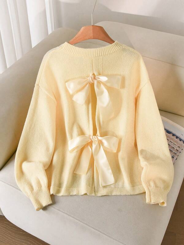 CosyJoli Plus Size Elegant French Style Yellow 3D Bow Tie Tie-Up Minimalist Romantic Vacation Casual Dating Knit Pullover Sweater Top For Women Fall/Winter