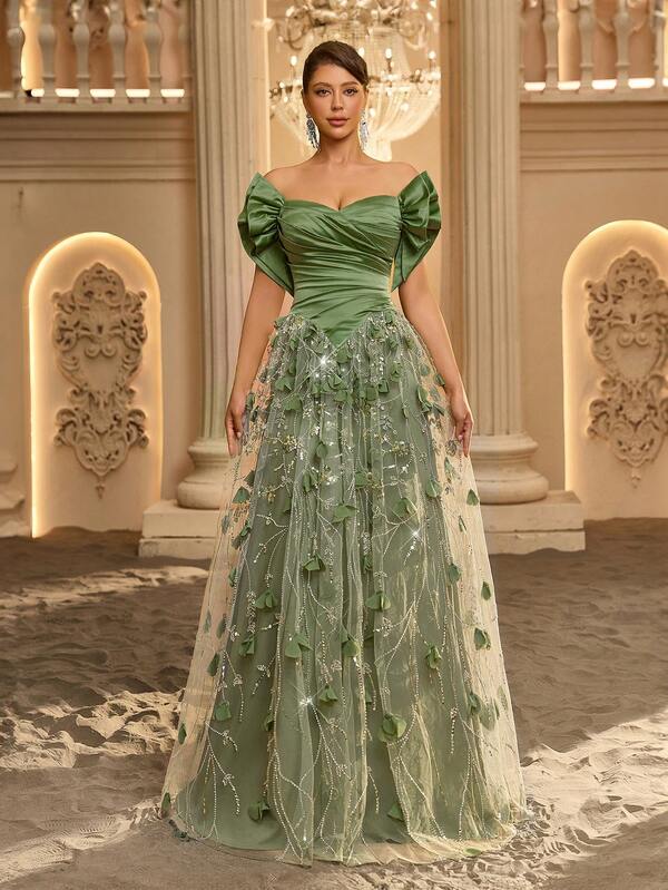 Glamrae Elegant Luxurious New Fashion Romantic 3D Floral Beaded Sequin Embroidered Lace Patchwork Satin Ruched Off Shoulder Sleeve Oversized Skirt Suitable For Wedding Events Single Party Vacation Gathering Music Festival Graduation Season Evening Dress (Heavy Workmanship)