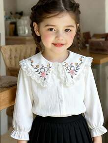 Elladie kids 女童白色蕾絲飾邊彼得潘領燒花花卉上衣，泡泡長袖配荷葉邊袖口，法式甜美風，百搭開學季疊穿上衣 - 白色 - 查看 5