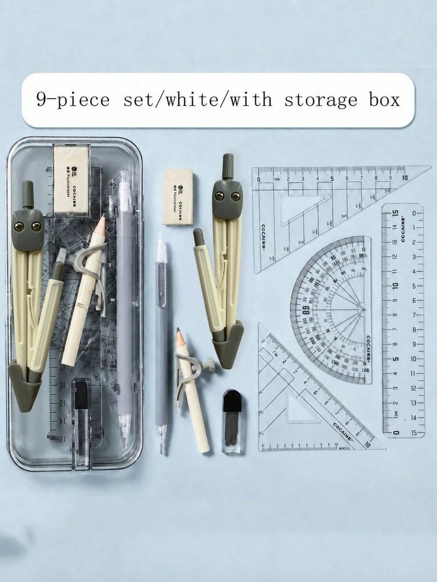 Juego de Geometría de 9 piezas que incluye compás, regla y borrador, perfecto para tareas escolares & exámenes, duradero, fácil de usar, regalable y versátil para estudiantes de primaria - Blanco - Ver 1
