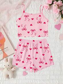 Tween Girls Summer New Hot-Selling Bow, Cherry, Strawberry Print Knit Frill Trim Cami Top & All-Over Print Shorts Pajama 2-Piece Set 1Set - White - View 2