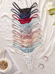 SHEIN 10pcs/Pack Lace Trim Women's Thong Panties - Multicolor - View 5