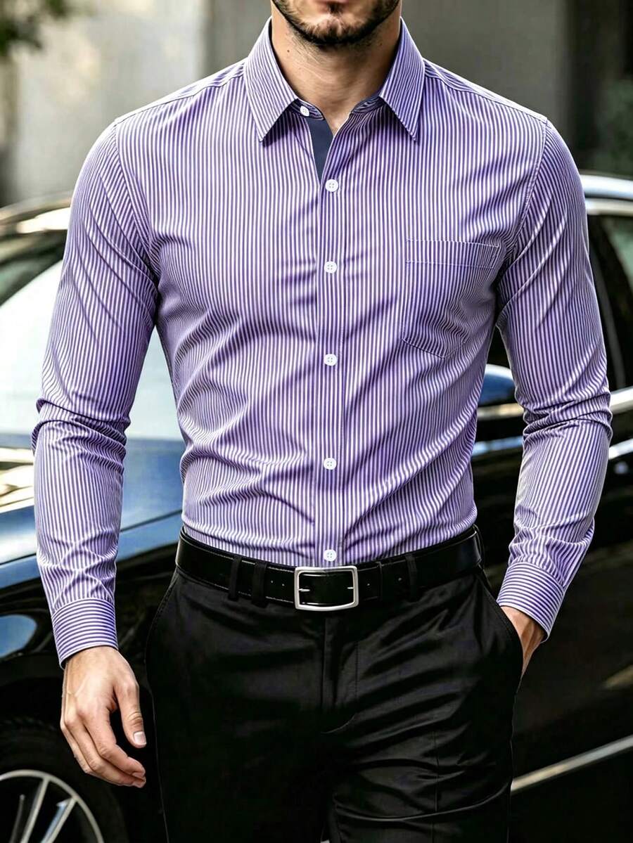Manfinity Mode Men's Striped Single-Breasted Casual Commuter Long Sleeve Formal Shirt, Fall, Ceremony - Purple - View 1