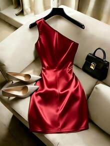 SHEIN Franclia Women's Elegant Asymmetric Neck Metal Buckle Ruched Waist Bodycon Mini Dress Summer - Burgundy - View 2