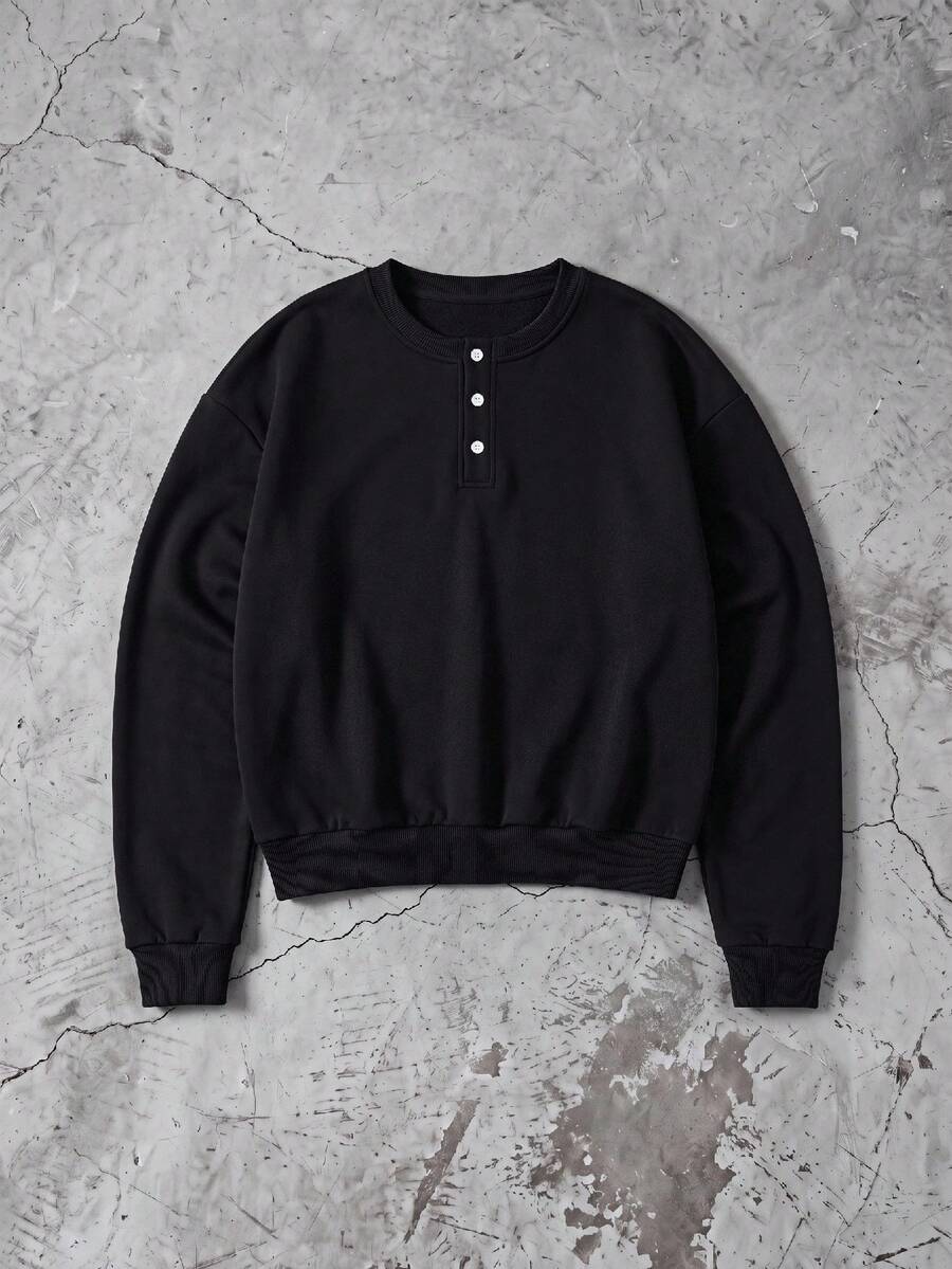 NORVETH Men's Casual Loose Fit Crew Neck Pullover Sweatshirt With Button Placket, Standard Size, Black Solid Color, Spring/Autumn - Black - View 1