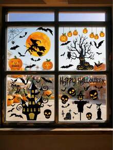 Halloween Window Clings Stickers Witch Broom Full Moon Haunted House Hanging Pumpkin Skull Bat Dead Tree Happy Halloween Decals For Glass Door Decor - View 6