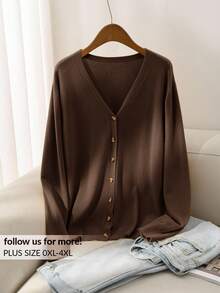 CosyJoli Women's Plus Size Casual Versatile All-Match Solid Color Cardigan Teachers' Day Office Chocolate Brown Autumn - Coffee Brown - View 2