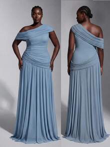 Elitara Luxury Plus Size Dusty Blue Spring Elegant Formal Dinner Wedding Evening Prom Dress Mesh Asymmetrical Shoulder Ruffle A-Line Maxi Gown Bridesmaid - Blue - View 2