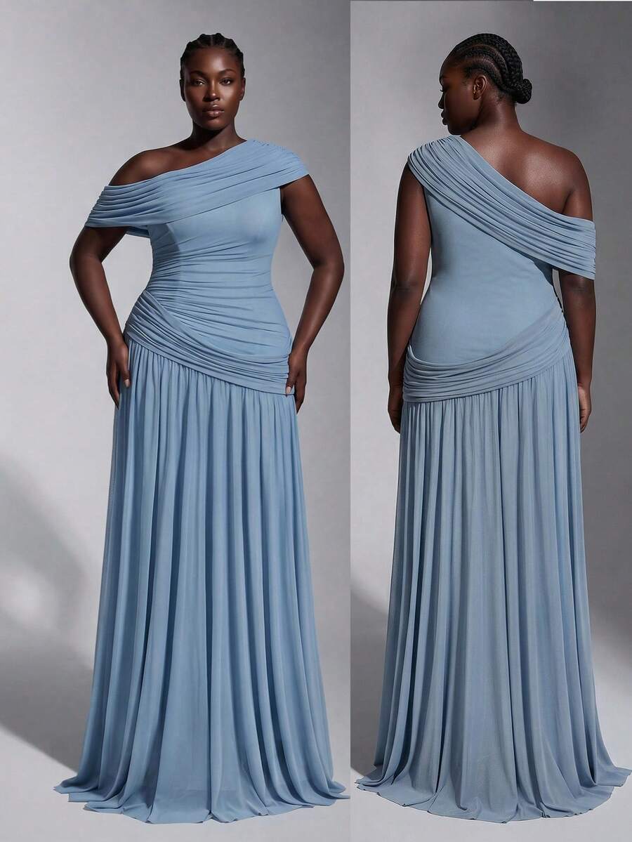 Elitara Luxury Plus Size Dusty Blue Spring Elegant Formal Dinner Wedding Evening Prom Dress Mesh Asymmetrical Shoulder Ruffle A-Line Maxi Gown Bridesmaid