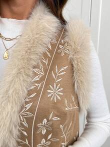 SHEIN Clasi 刺繡拼接毛領復古夾克，秋冬款 - 棕色 - 查看 7