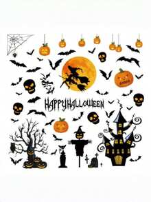 Halloween Window Clings Stickers Witch Broom Full Moon Haunted House Hanging Pumpkin Skull Bat Dead Tree Happy Halloween Decals For Glass Door Decor - View 10