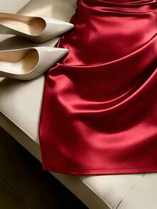 SHEIN Franclia Women's Elegant Asymmetric Neck Metal Buckle Ruched Waist Bodycon Mini Dress Summer - Burgundy - View 3