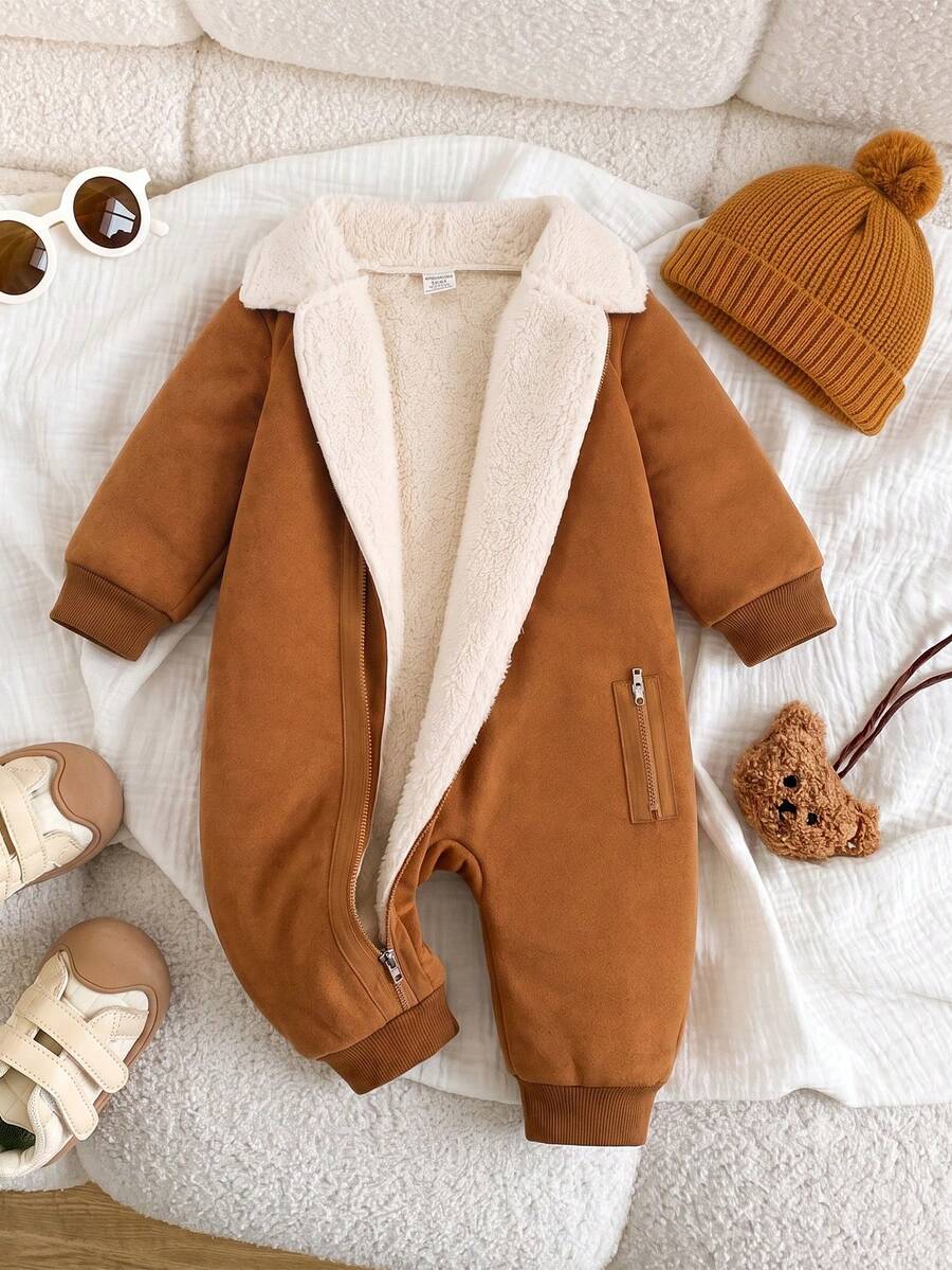 SHEIN Playful Pals 嬰兒幼兒中性仿麂皮羊羔絨內裡秋冬連身衣,全開襟翻領保暖嬰兒連身衣,幼兒外出保暖時尚服飾 - 棕色 - 查看 1