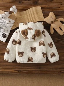 SHEIN 1pc Baby Boy White Winter Fleece Hooded Jacket,Cute Bear Print,Soft & Comfortable Birthday Outerwear,Fashionable Versatile Coat For Infant Kids Warm - Multicolor - View 2